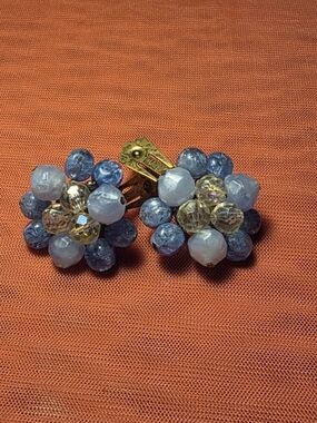 Vintage West Germany Blue Bead Cluster Clip-On Earrings
